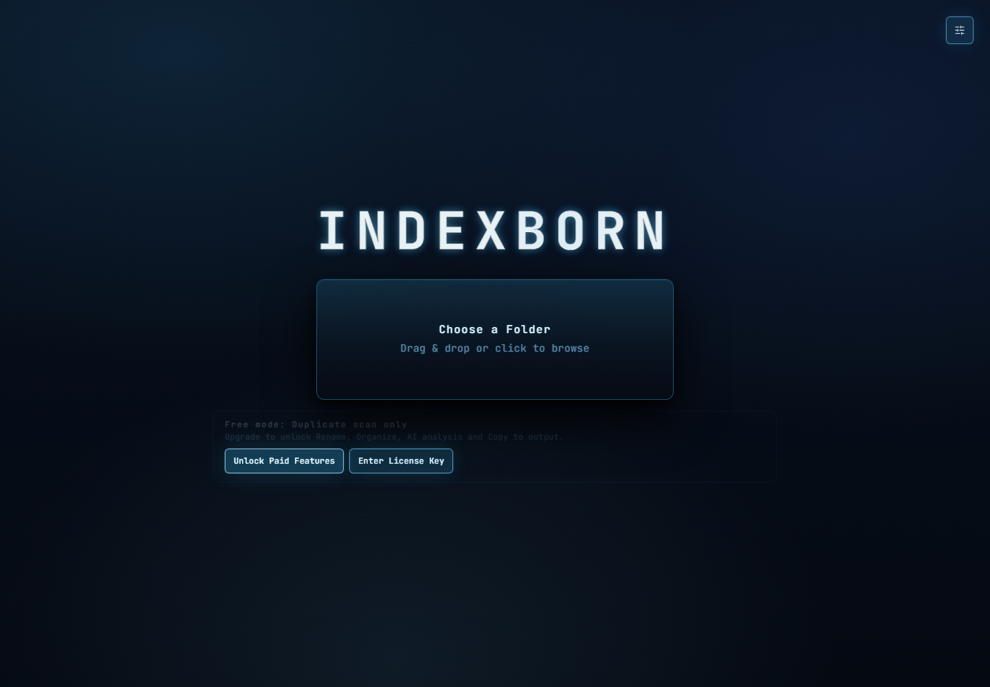 The Indexborn Windows app showing its folder selection screen in the Arctic theme
